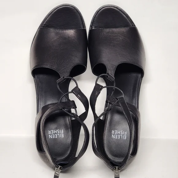 Eileen Fisher Vero Cuoio Black Strappy Block Heels - Picture 9 of 9